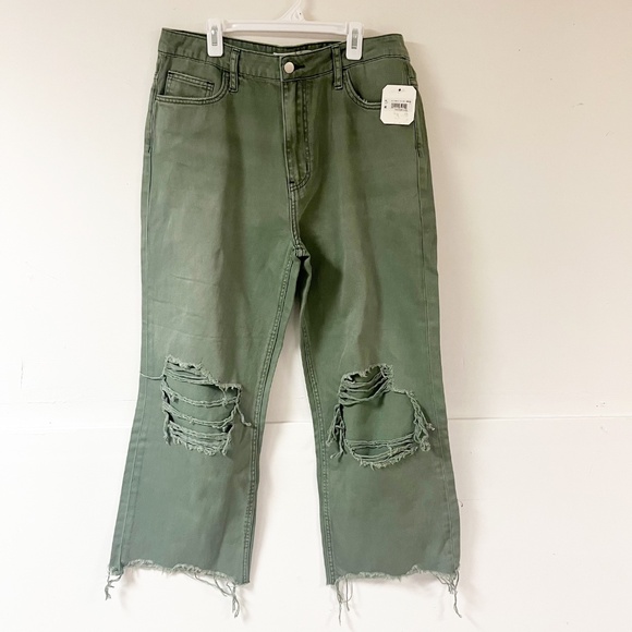 Altar'd State Olive Green Distressed Cropped Wide-Leg Jeans - Picture 3 of 12